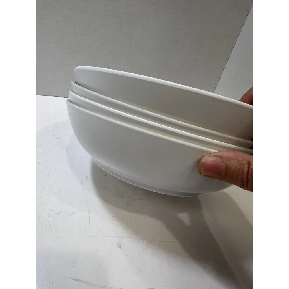 Melamine Pasta Bowls Mediterranean Print Blue Yellow On White Tan Rim Set of 4